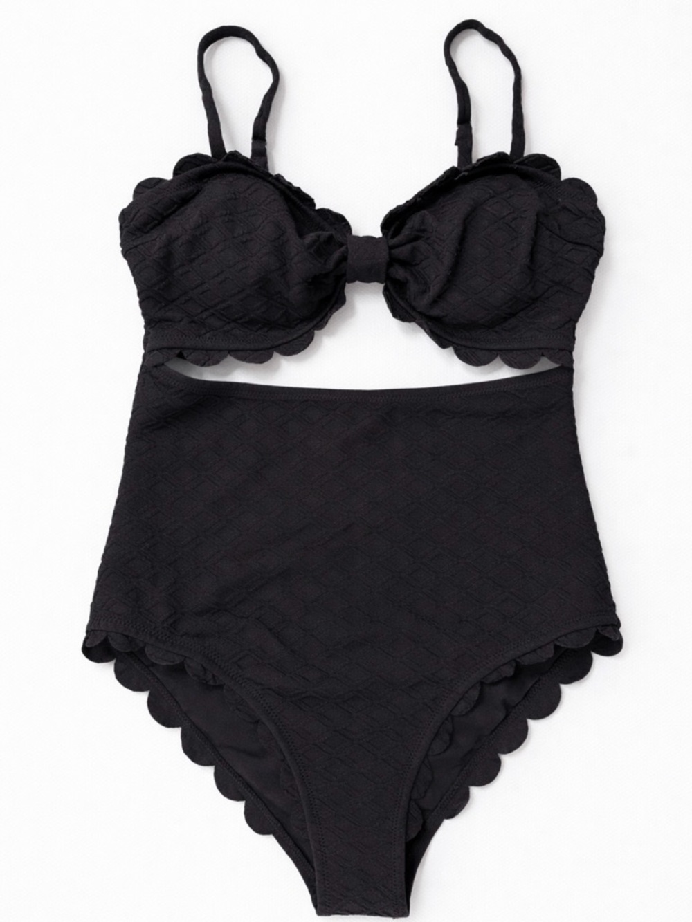 Black Textured One Piece Swimsuit Scalloped Trim Tie Front